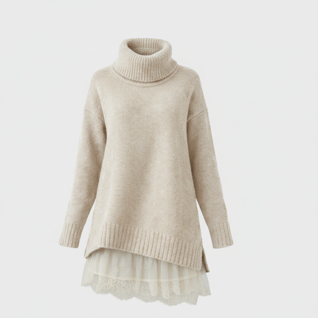 Sára | Luxury Knit Dress with Turtleneck and Lace Detail