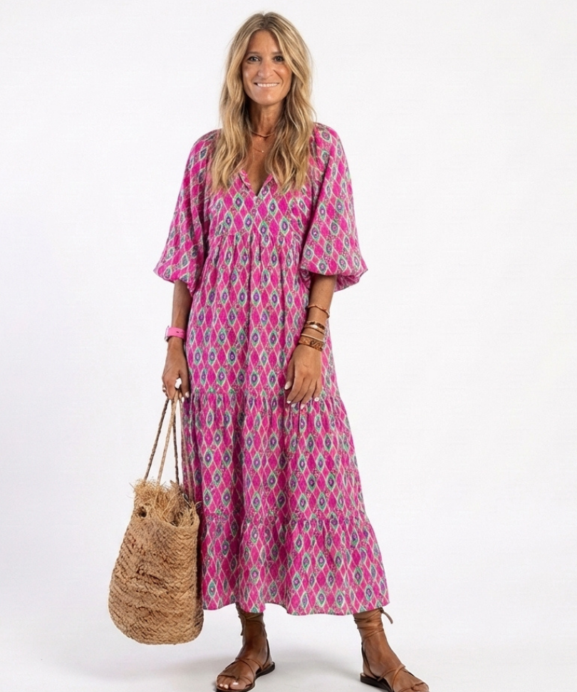 Céline | Midi dress with pattern, three-quarter sleeves and V-neck