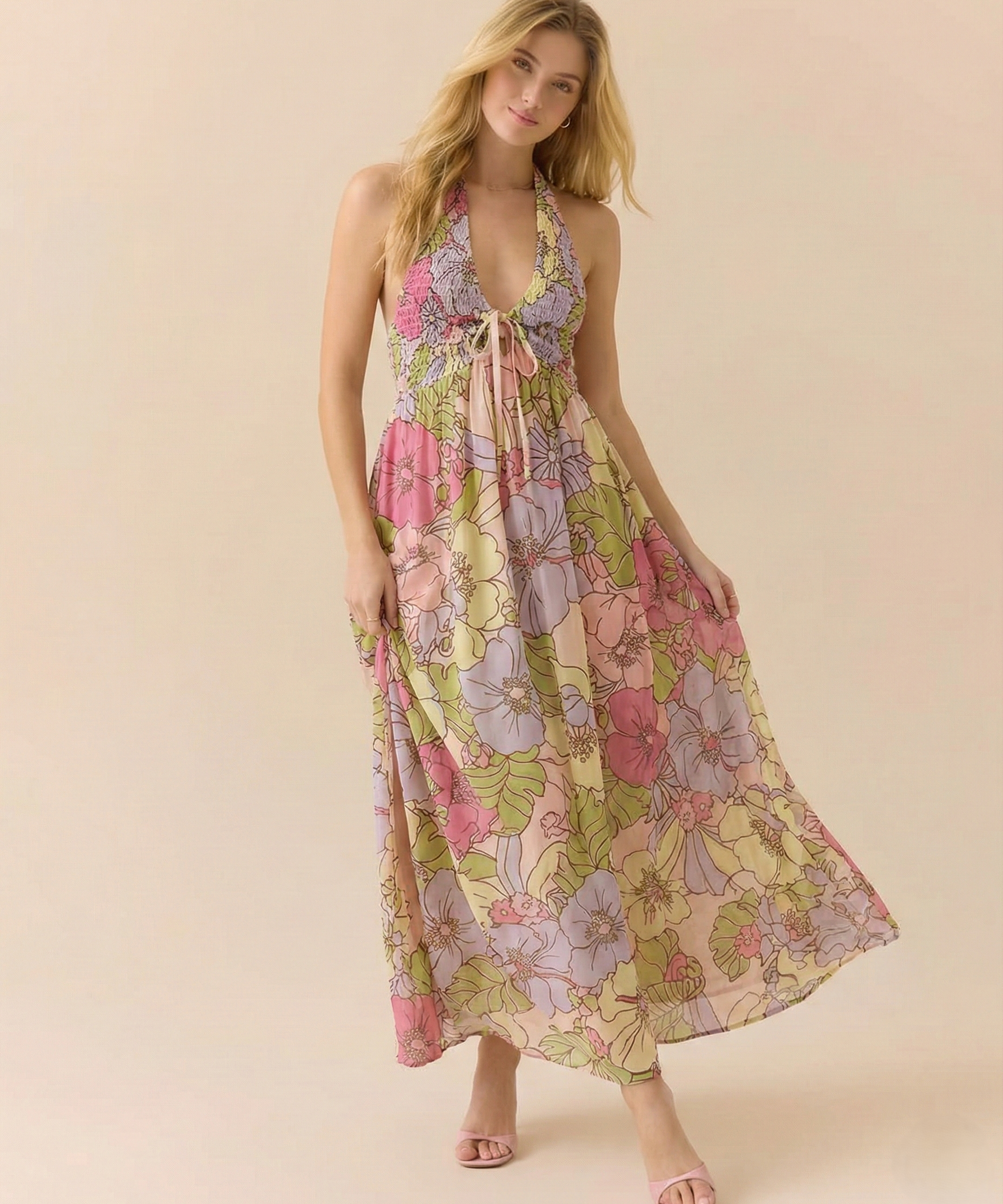 Women's Floral Maxi Beach Dress with Halter Neck