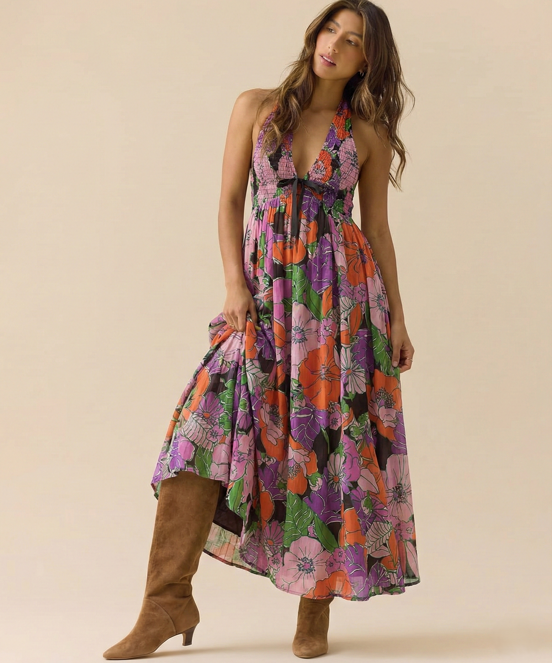 Women's Floral Maxi Beach Dress with Halter Neck