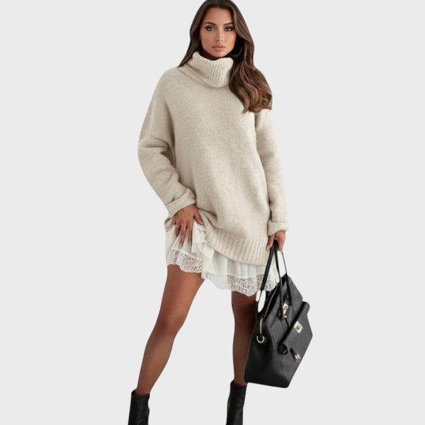 Sára | Luxury Knit Dress with Turtleneck and Lace Detail