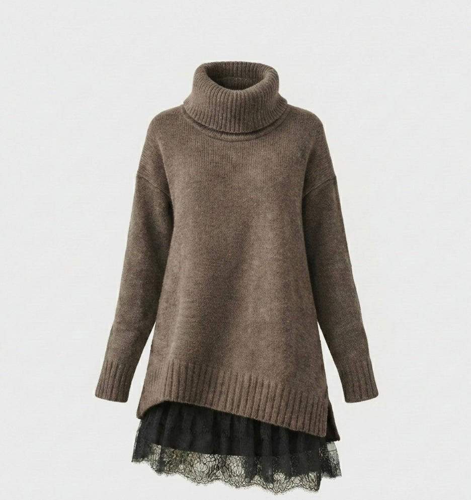 Sára | Luxury Knit Dress with Turtleneck and Lace Detail