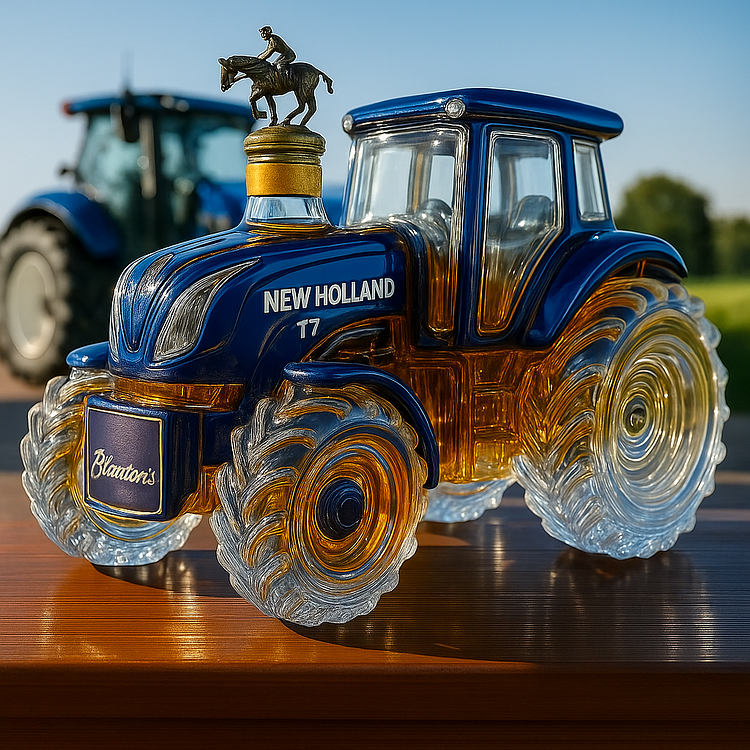 Classic Whiskey bottle in the shape of a New Holland T7 tractor