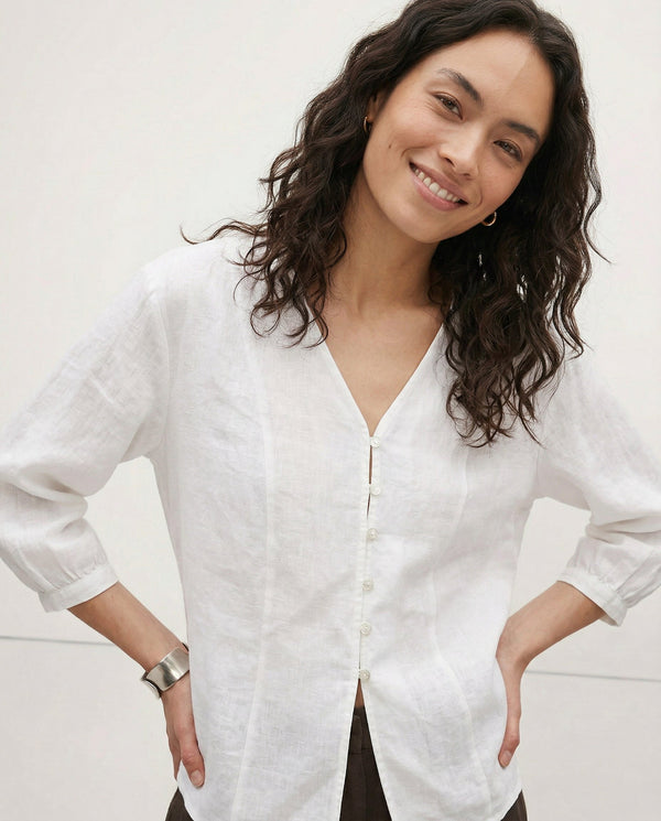 Fitted Linen Blouse with V-Neck