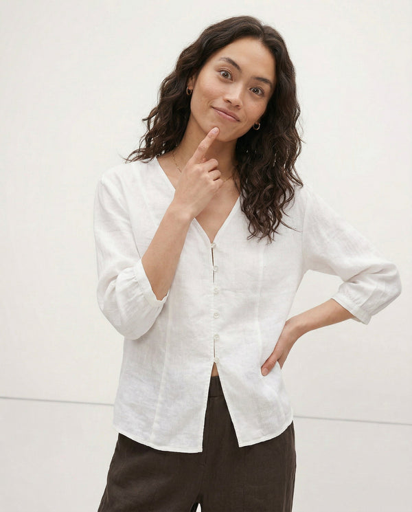 Fitted Linen Blouse with V-Neck
