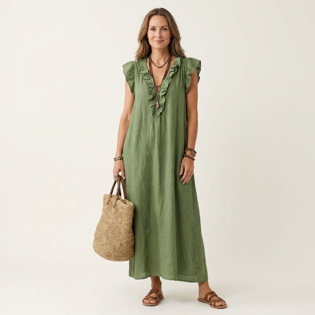Josette | Maxi Dress in Linen with V Lace