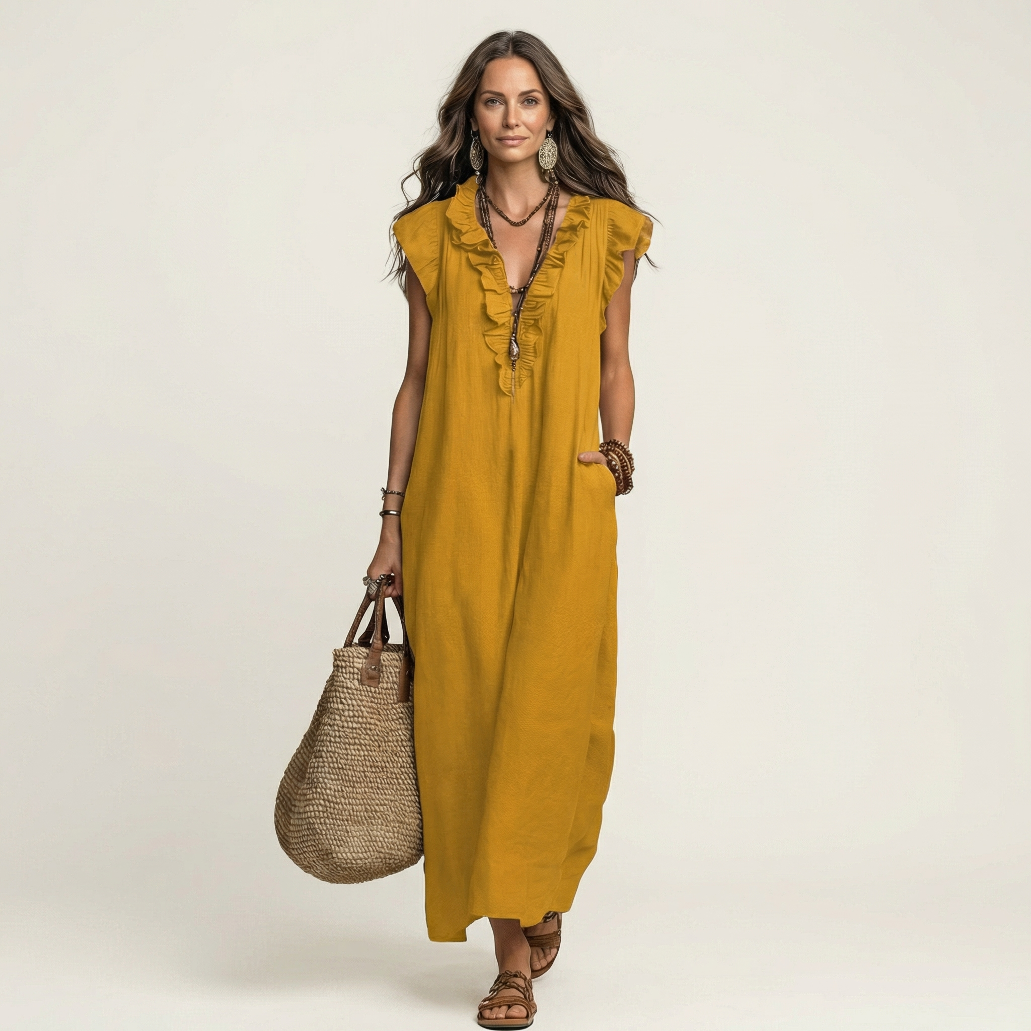 Josette | Maxi Dress in Linen with V Lace