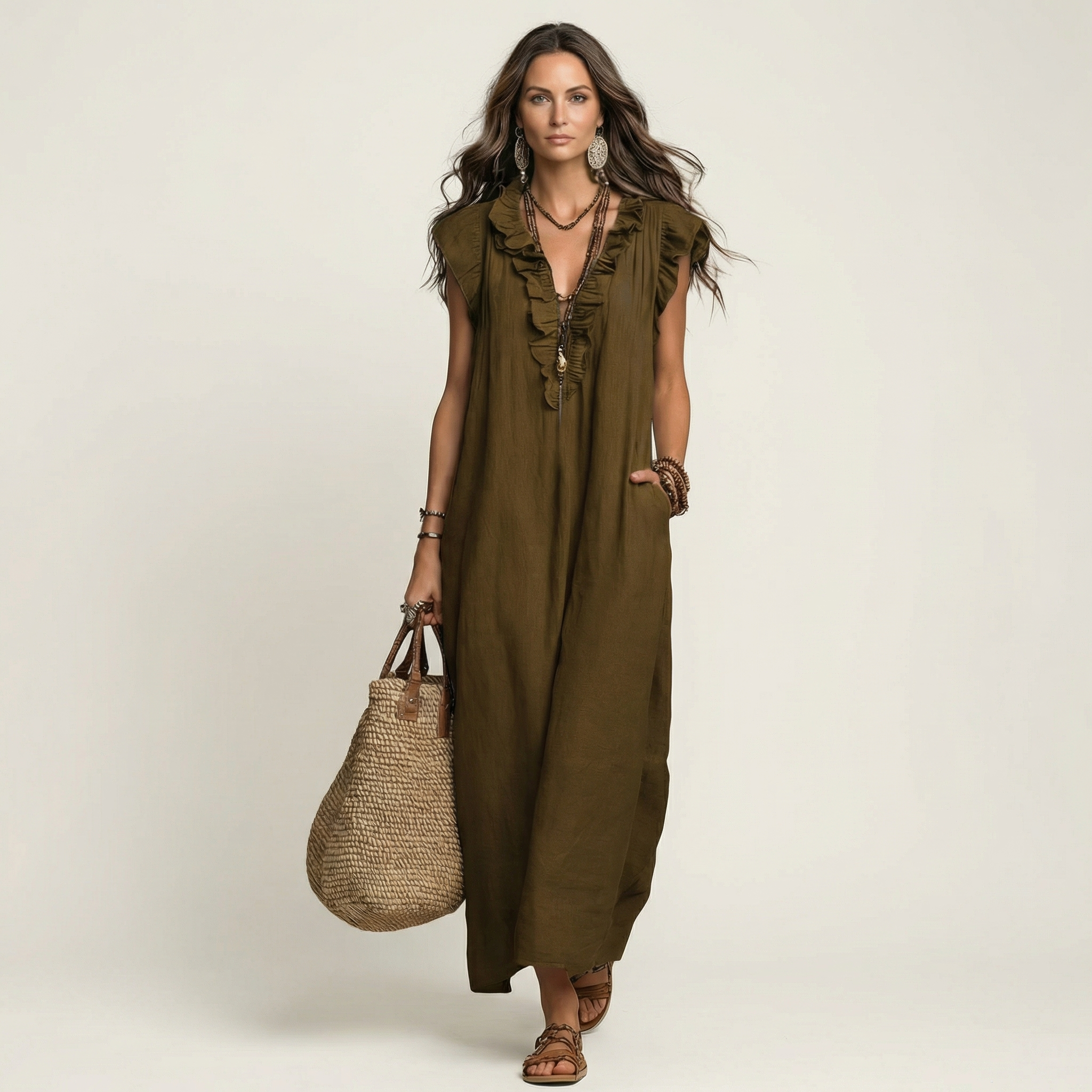 Josette | Maxi Dress in Linen with V Lace