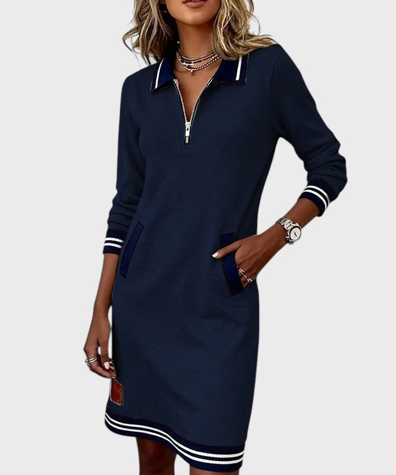 Elise | Knit Dress with Half-Zip and Contrast Trimming